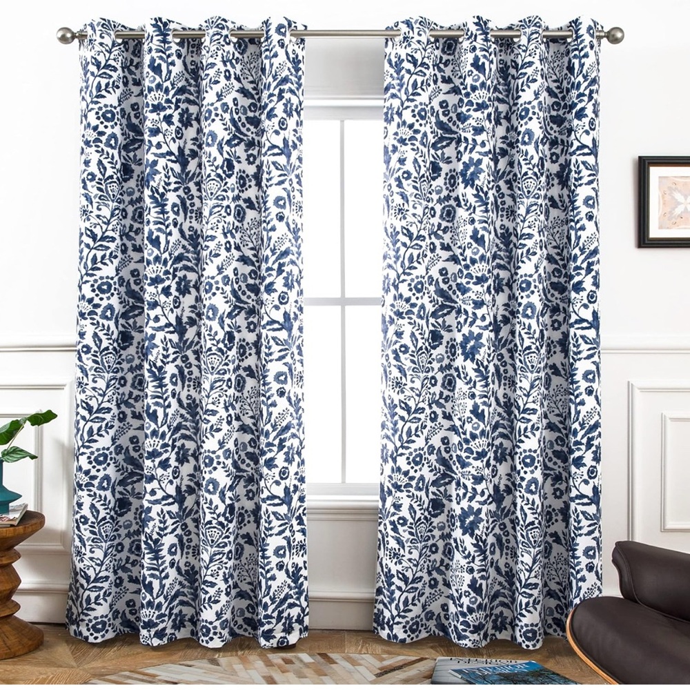 DriftAway Julia Watercolor Lined Insulated Window Curtains 2 Panels 52x72 Navy